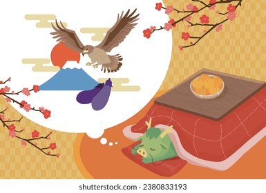 Ilustración de dragón durmiendo en un kotatsu. Un kotatsu es un aparato de calefacción japonés tradicional.