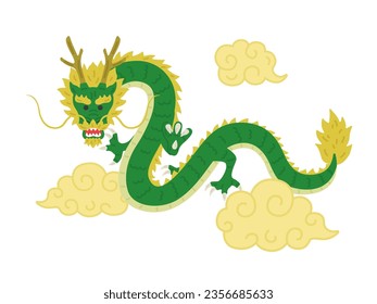 An illustration of a dragon swimming in a cloud, facing forward.