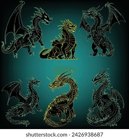 illustration with dragon symbols on green background