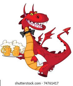 illustration of a dragon waiter with beer