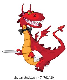 illustration of a dragon waiter with tray