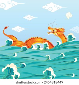 An illustration of a dragon in the water with the words  a  on it. Vector Dragon with Sea waves Blue Background