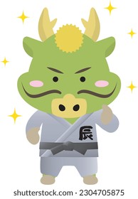 Illustration of a dragon wearing judo and karate uniforms that can be used for New Year's cards in 2024