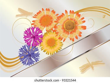 Illustration with dragonflies and flowers