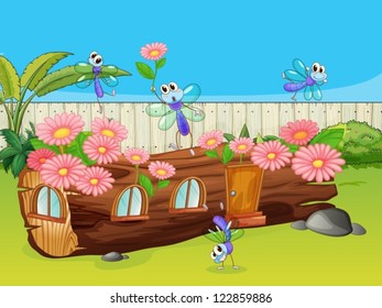 Illustration of dragonflies and a wood house in a beautiful nature