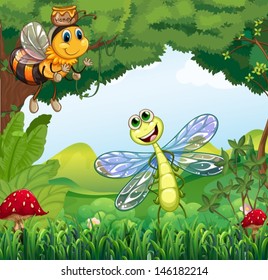 Illustration of a dragonfly and a bee at the forest