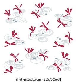 Illustration of a dragonfly flying on the surface of the water,