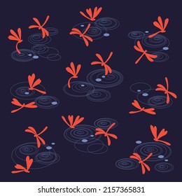 Illustration of a dragonfly flying on the surface of the water,