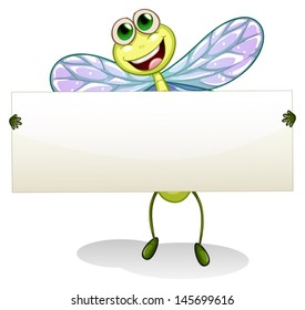 Illustration of a dragonfly holding an empty banner on a white background 