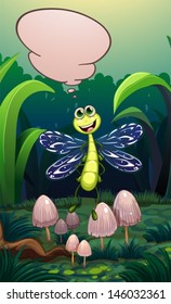 Illustration of a dragonfly near the mushrooms with an empty callout