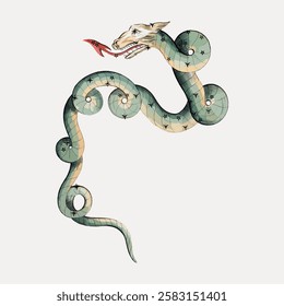 Illustration of a dragon-like serpent with a wolf's head. The serpent is green with star patterns. The dragon-serpent is coiled and has a red tongue. Vintage animal illustration vector.