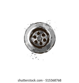 Illustration of drain isolated with six holes and screw, centered, scratched and old. Greyscale.