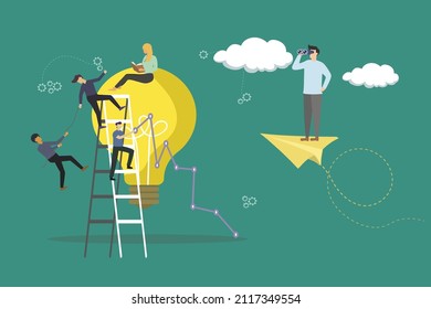 illustration drawing of big idea bulb climbed by business manager helping each other,employee making a business chart with ladder, 1 employee relaxing reading a book, boss monitoring through binocular