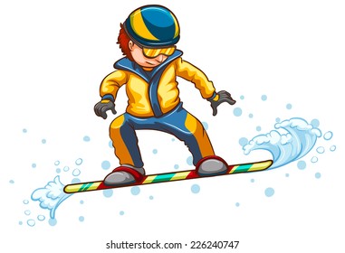 Illustration of a drawing of a boy engaging in a wintersport activity on a white background 