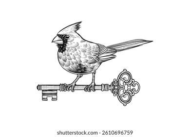 illustration drawing of a cardinal bird with a key