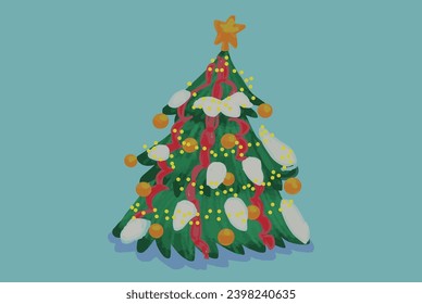 Illustration or drawing of Christmas tree. Christmas ornaments and stars.