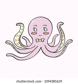 illustration drawing of a cute pink octopus with blue eyes smiling
