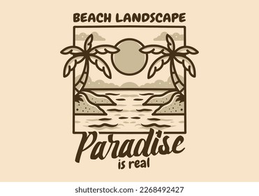 Illustration drawing design of a beach view on square frame