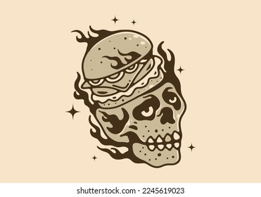 Illustration drawing design of burger on a skull