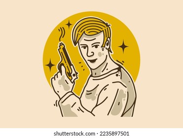 Illustration drawing design of handsome man holding gun