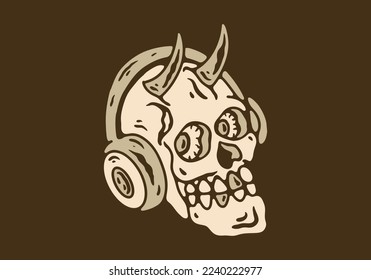 Illustration drawing design of horned skull wearing headphones