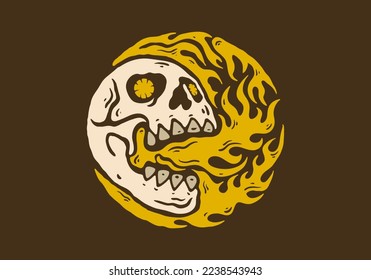 Illustration drawing design of skull with flaming fire