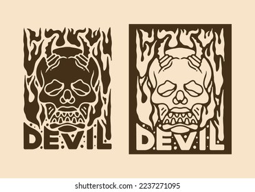 Illustration drawing design of skull with horns and fanged teeth