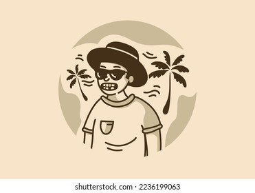 Illustration drawing design of toothless man wearing round hat