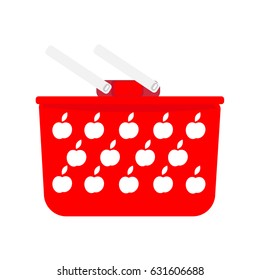 Illustration, drawing, empty plastic baskets in red color with openings in the form of apples, sign, icon, bag