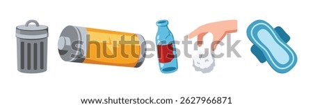 An illustration drawing featuring a waste bin, battery, glass bottle, hand holding paper, and a sanitary pad against a white background.