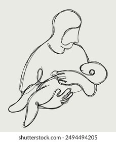 Illustration in drawing of figure father carrying his son