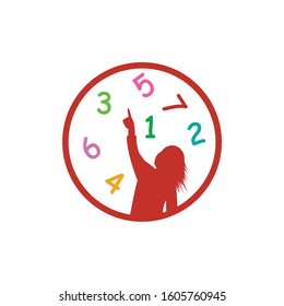 Illustration of drawing of a girl showing numerical symbols, illustration for numeracy textbooks, learning numbers and mathematics