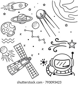 Illustration in drawing hand doodle style. Space, astronaut, planet, satellite, rocket.