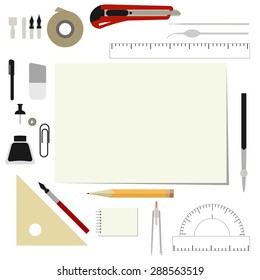 Illustration of drawing instruments scattered around clean white sheet of paper.