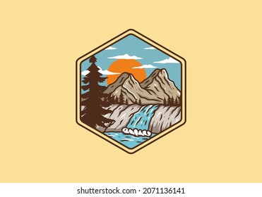 illustration drawing of mountain and waterfall design