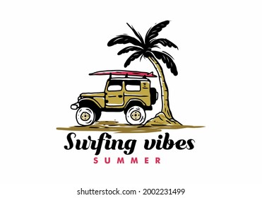 Illustration drawing of off road car with surfing board on the beach design