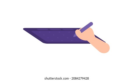 illustration of drawing on a pen tablet. hand holding tablet pencil. graphic design, artist, freelancer. flat cartoon style. vector design
