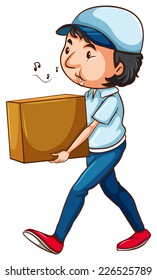 Illustration of a drawing of a postman with a box on a white background 