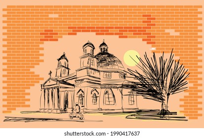 Illustration Drawing Semarang Blenduk Church behind a brick wall