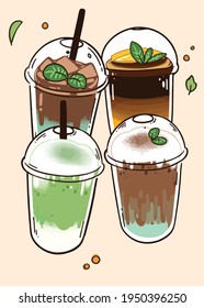 Illustration drawing set drink set Refreshing pearl milk tea cocoa coffee in the form of plastic cups Summer drink menu