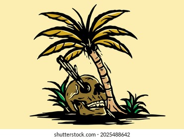 Dibujo ilustrativo de la cabeza del esqueleto con diseño de coco