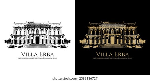 illustration drawing sketch Villa Erba Lake Como wedding venue, Lombardy, Italy