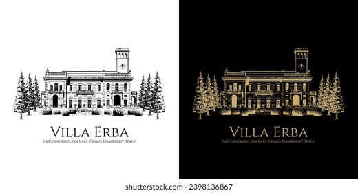 illustration drawing sketch Villa Erba Lake Como wedding venue, Lombardy, Italy