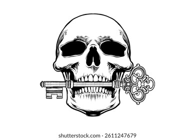 illustration drawing of skull biting key