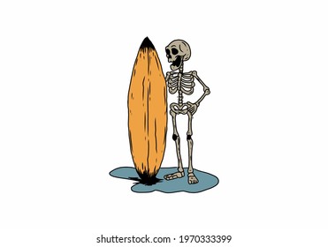 Illustration drawing of surfing skeleton design