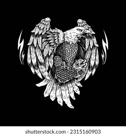 Illustration with the drawing technique of an eagle flying by holding a beehive, a symbol of brotherhood