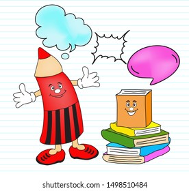 illustration drawing vector of education doodle cartoon with book stack and pen or pencil with speech bubble.