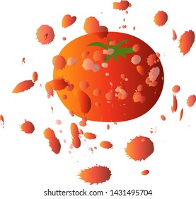 The illustration is drawn by the background hand.Vector graphics.Tomato with splashes of fresh juice. Explosion and splashes of ripe juicy fruit. White background, vector illustration