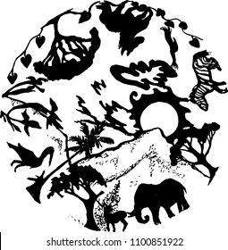An illustration drawn by hand with the animals of the world. Earth Day.