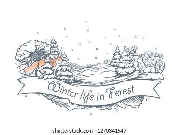 Illustration is drawn by hand, in the form of a graphic element with a ribbon for signature, with a Fox and two hares in the winter forest.